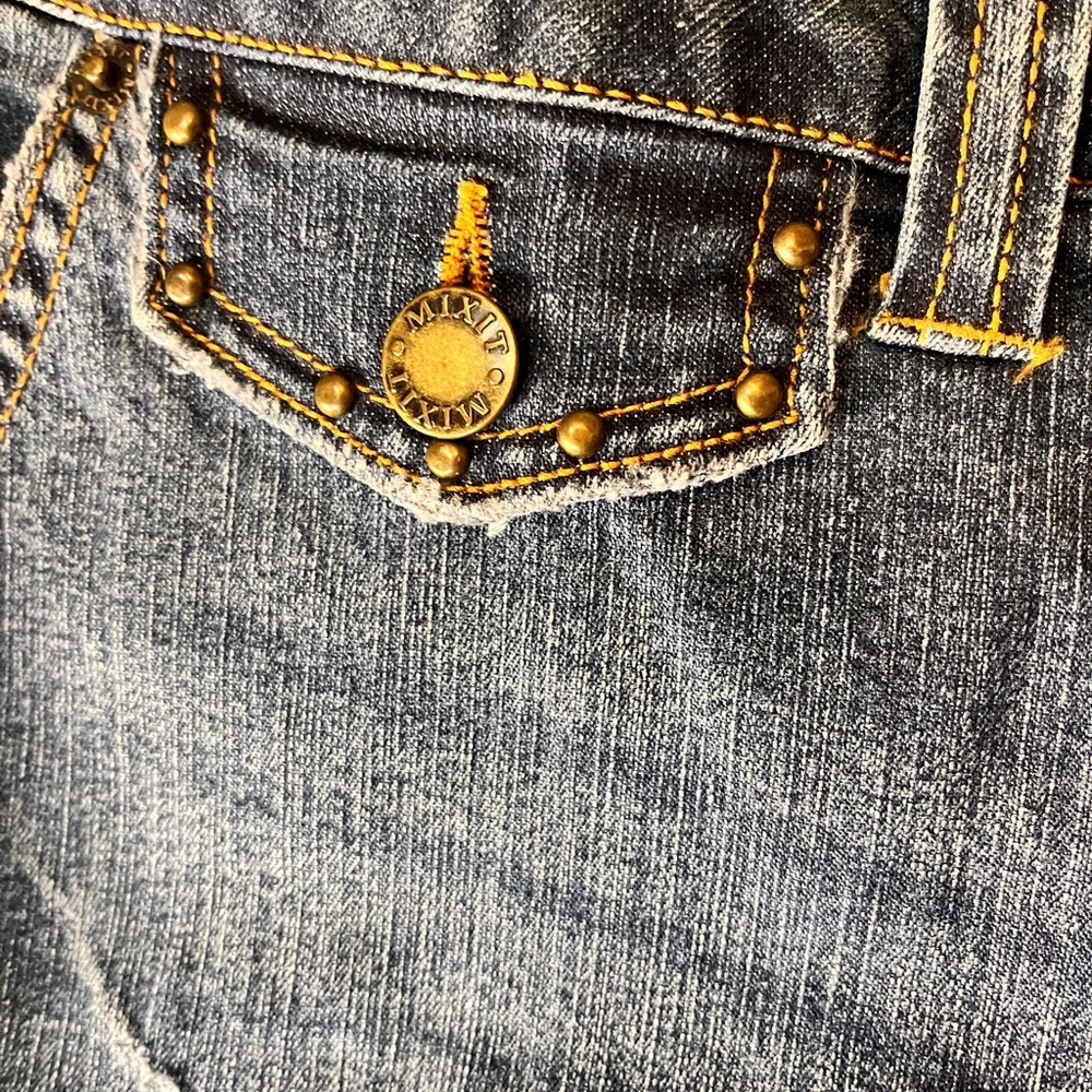 Mixit Embroidered Flare Jeans in Blue with Yellow Accents Size 6 - Picture 9 of 16